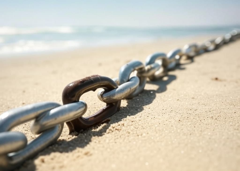 An image showcasing a steel chain with a melting chocolate link in the sun.